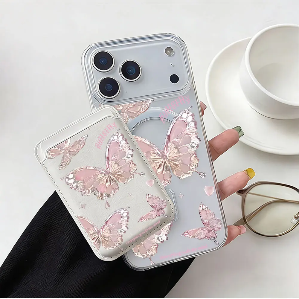 

Elegant Full screen Butterfly For Magsafe wallet Magnetic Card holder Phone Case For iPhone 16 13 15 12 14 17 Pro Max 16E Cover