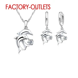 925 Sterling Silver Bridal Jewelry Sets Dolphin Design Round Crystal Necklaces Hoop Earrings Women Girls Engagement Anniversary