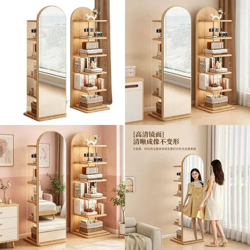 Arched Log Full Length Mirror with Rotating Bookshelf Storage Mobile Floor Standing Dressing Mirror for Home