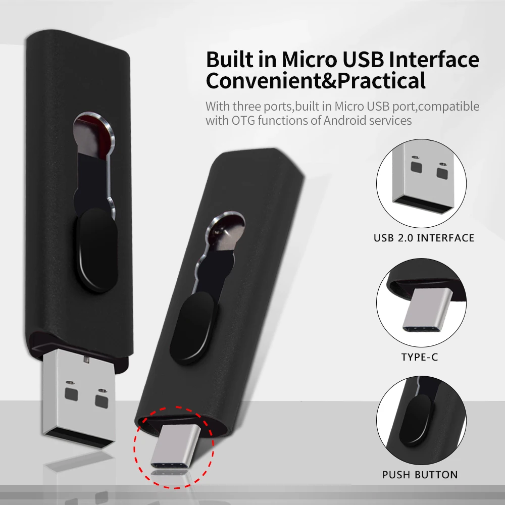 고속 USB 2.0 플래시 드라이브 C타입 펜 드라이브, 안드로이드 PC용 USB 2.0 스틱 펜드라이브, 64GB, 32GB, 16GB, 8 GB