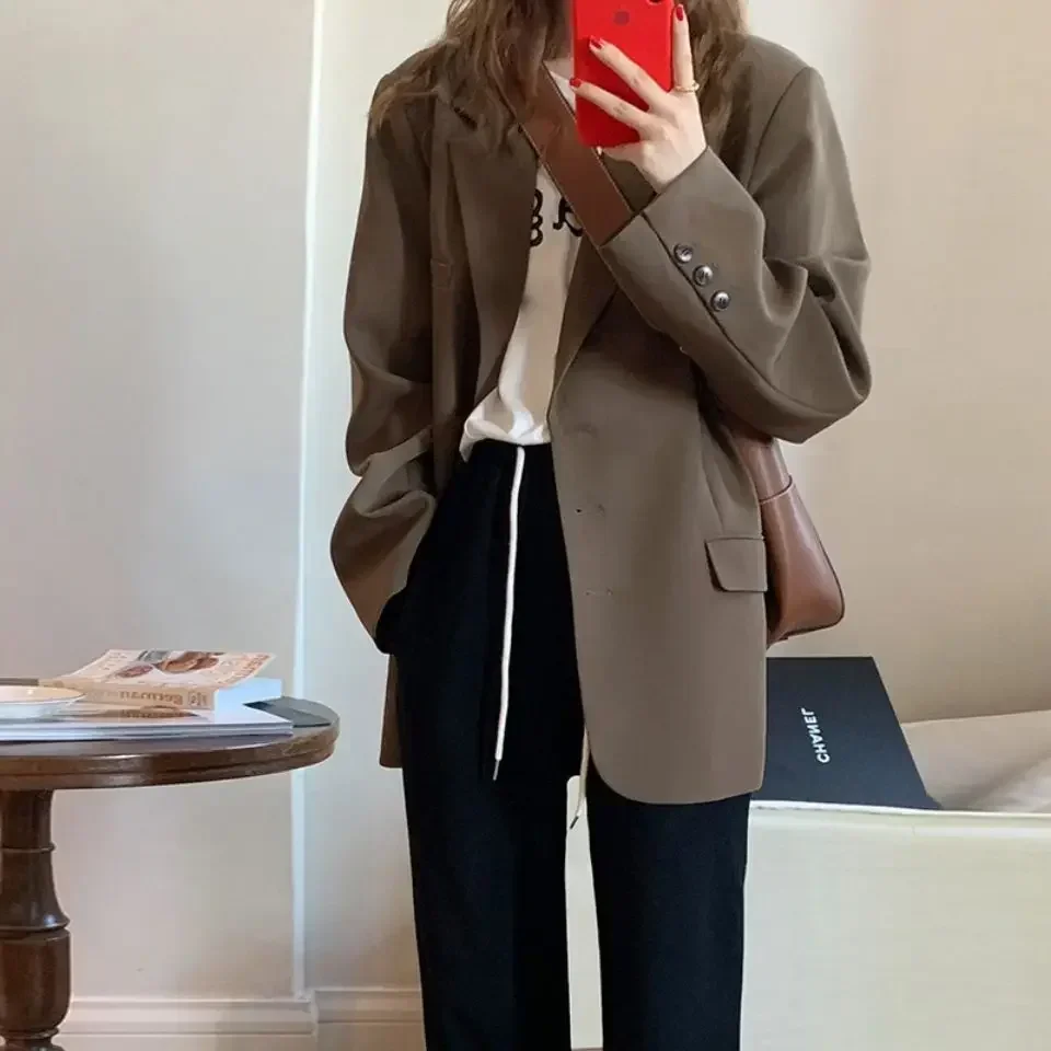 

Long Outerwears Brown Clothes Jacket Dress Blazer Woman Solid Over Coats for Women Loose Youthful Spring 2024 New Collection In