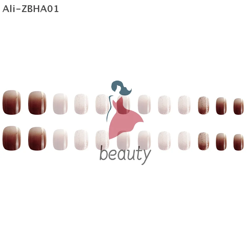 24PCS Full Coverage Nails For Girls Korean Cute Heart Design Fake Nails Glitter Nails Set Press On With Adhesive Strips