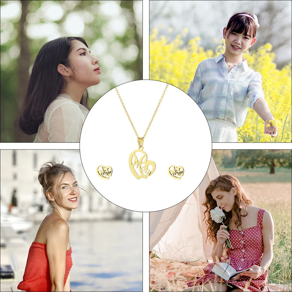 

1Set Necklace Earrings Set Heart Shape Pendant Stainless Steel Jewelry Mother's Day Gift Party Accessories Women
