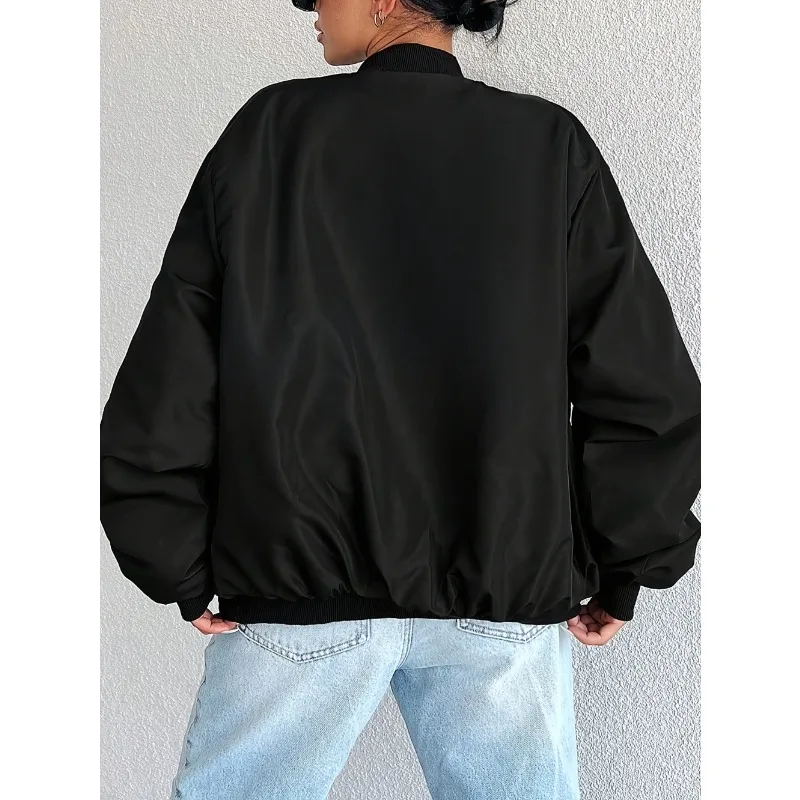 เสื้อแจ็คเก็ตบอมเบอร์แฟชั่นสไตล์สตรีทแขนยาวสำหรับฤดูใบไม้ผลิและฤดูใบไม้ร่วง เสื้อสเวตเชิ้ตซิป เสื้อคลุมลำลองสีพื้นสำหรับผู้หญิง