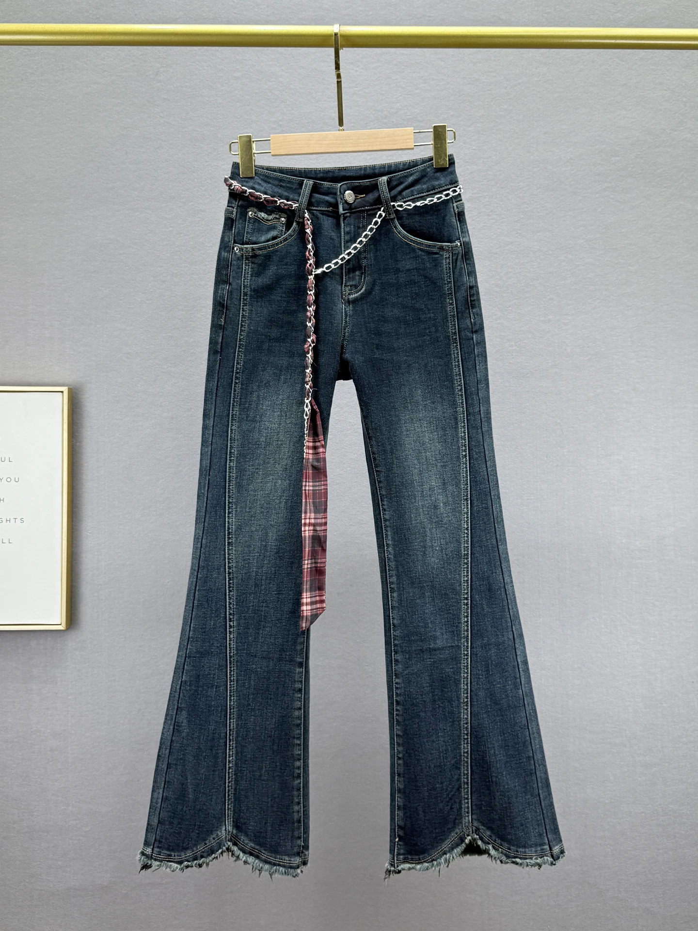 

Fce Lined High Waist Bell Bot Jeans Women's Stretchy Retro Distred Slimming Winter Faion Trendy Cotton Elastic