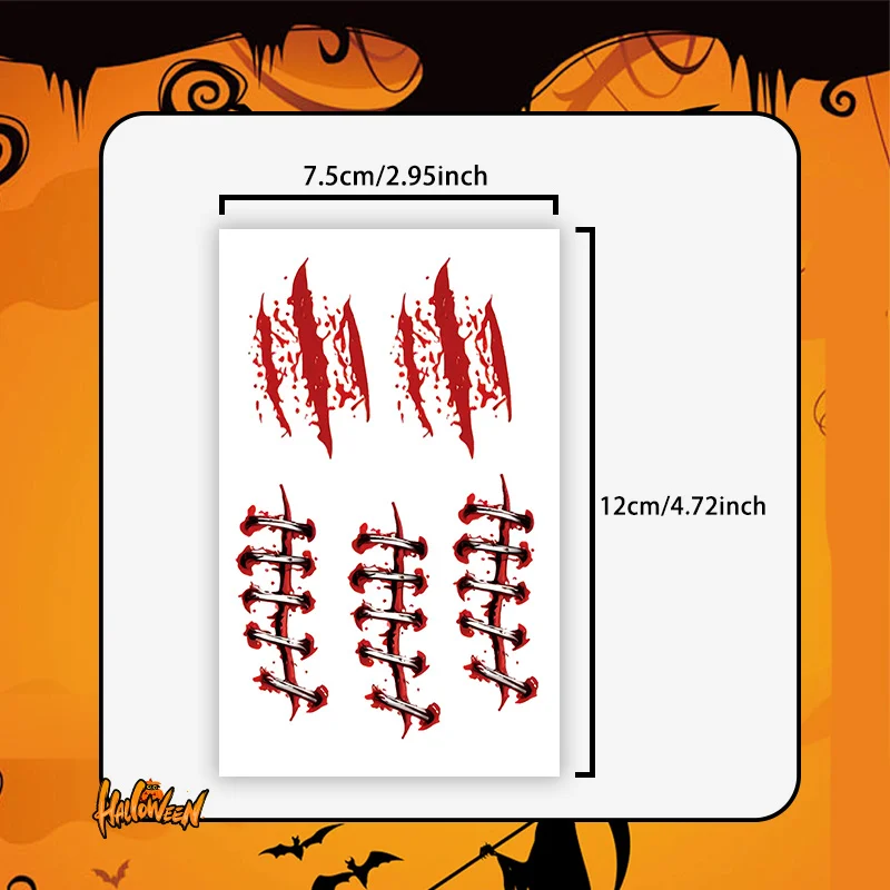 Blood, Sewn-up Scar, 1Pc Halloween Horror Makeup, Temporary Tattoo Stickers, For Parties and Halloween Role-playing.Face and Arm