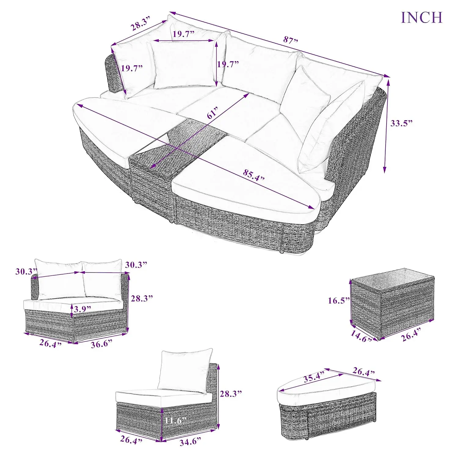 6-Piece Outdoor Round Wicker Sofa Set PE Rattan Separate Seating Group With Coffee Table, Customized