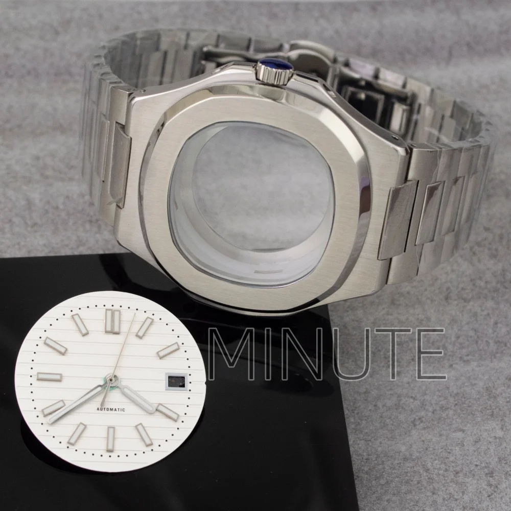 

Серебряные стальные корпуса для часов Nautilus с прозрачной задней крышкой, подходят для механизмов NH35, NH36, NH38, 4R, стрелки, циферблат, ремешок, запасные части для часов