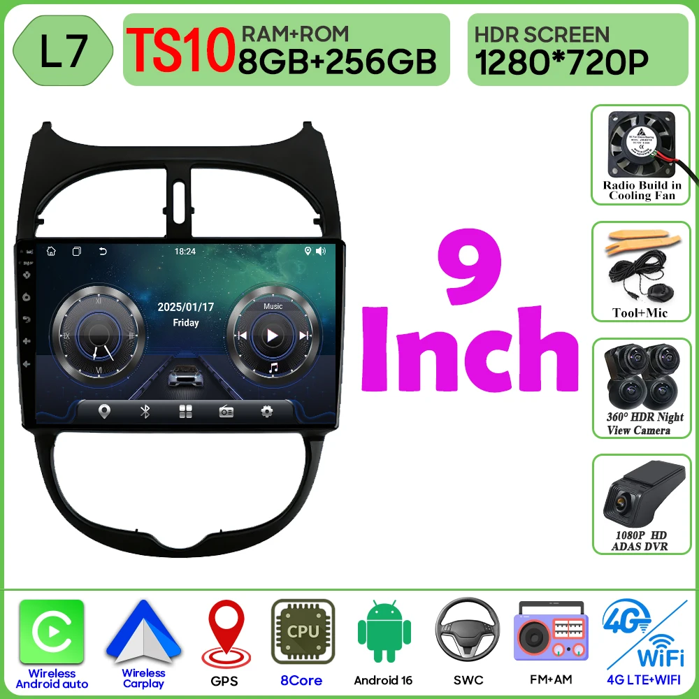 Android 16 autoradio voor Peugeot 206 206CC 1998-2012 autoradio Bluetooth 4G Wifi GPS navigatiescherm draadloze Carplay monitor