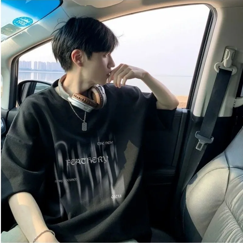 M-8XL Letter Print Loose Fitting T-shirt Korean Round Neck Solid Color Short Sleeved Shirt