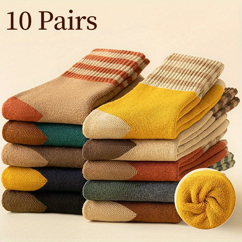 10 Pairs Colorful Striped Warm Looped Mid Tube Socks, Thick Floor Socks, Plush and Comfortable, Trendy and Versatile Long Socks