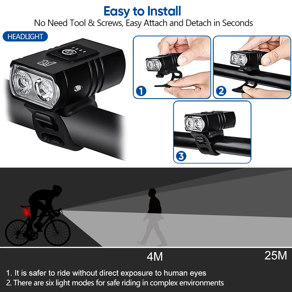 Bike Light T6 LED Bicycle Front Lamp Type-C Rechargeable MTB Headlight Flashlight Waterproof Outdoors Night Cycling Accessories