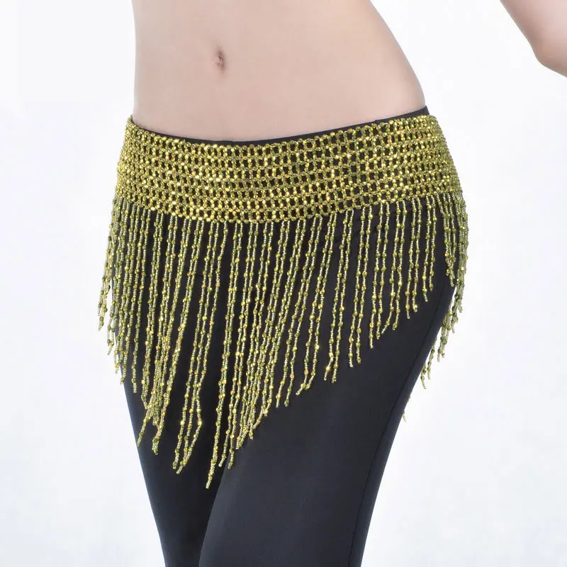 BellyDance Waistband Hip Scarf 3 Color Hand-Beaded Elastic Belly Dance Bling Belt Indian Dress Accessories