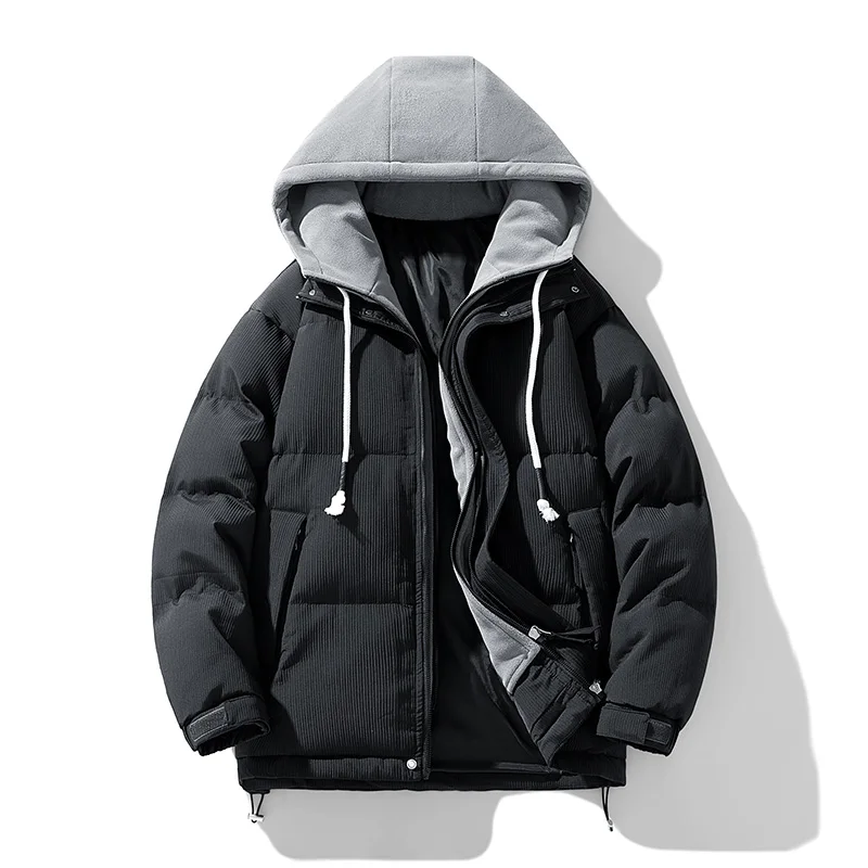 New Korean Version Winter Men'S Trendy Fake Two-Piece Color Blocked Cotton Jacket Loose Casual Thick And Warm Hooded Cotton Coat