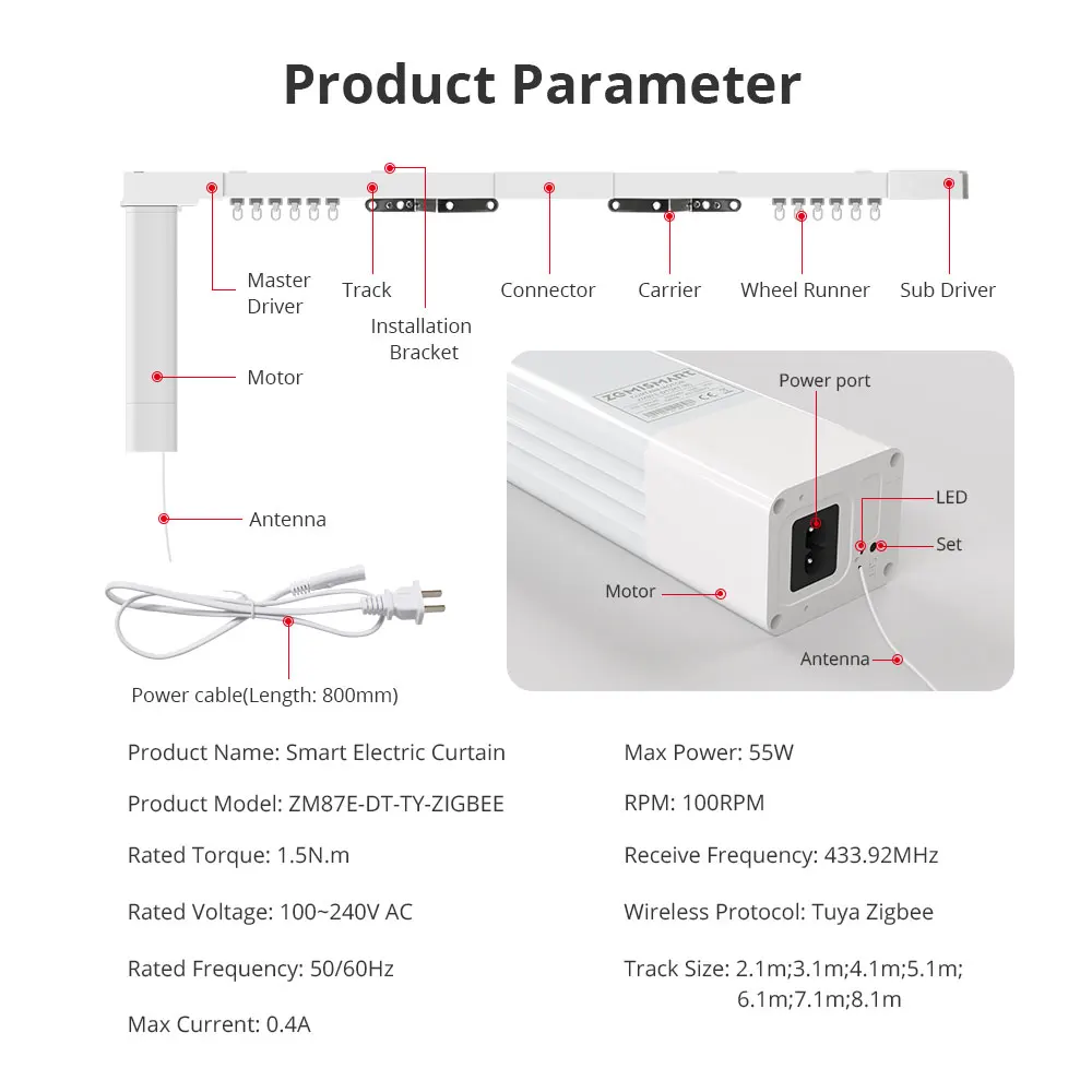 Zemismart Zigbee Smart Electric Curtain Motor Индивидуальные направляющие работают с приложением Tuya SmartThings Alexa Google Home Голосовое управление