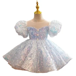 Fashion Girl Princess Vintage Sequins Dress Puff Sleeve Infant Toddler Child Bow Vestido Party Birthday Costume Clothes 1-12Y