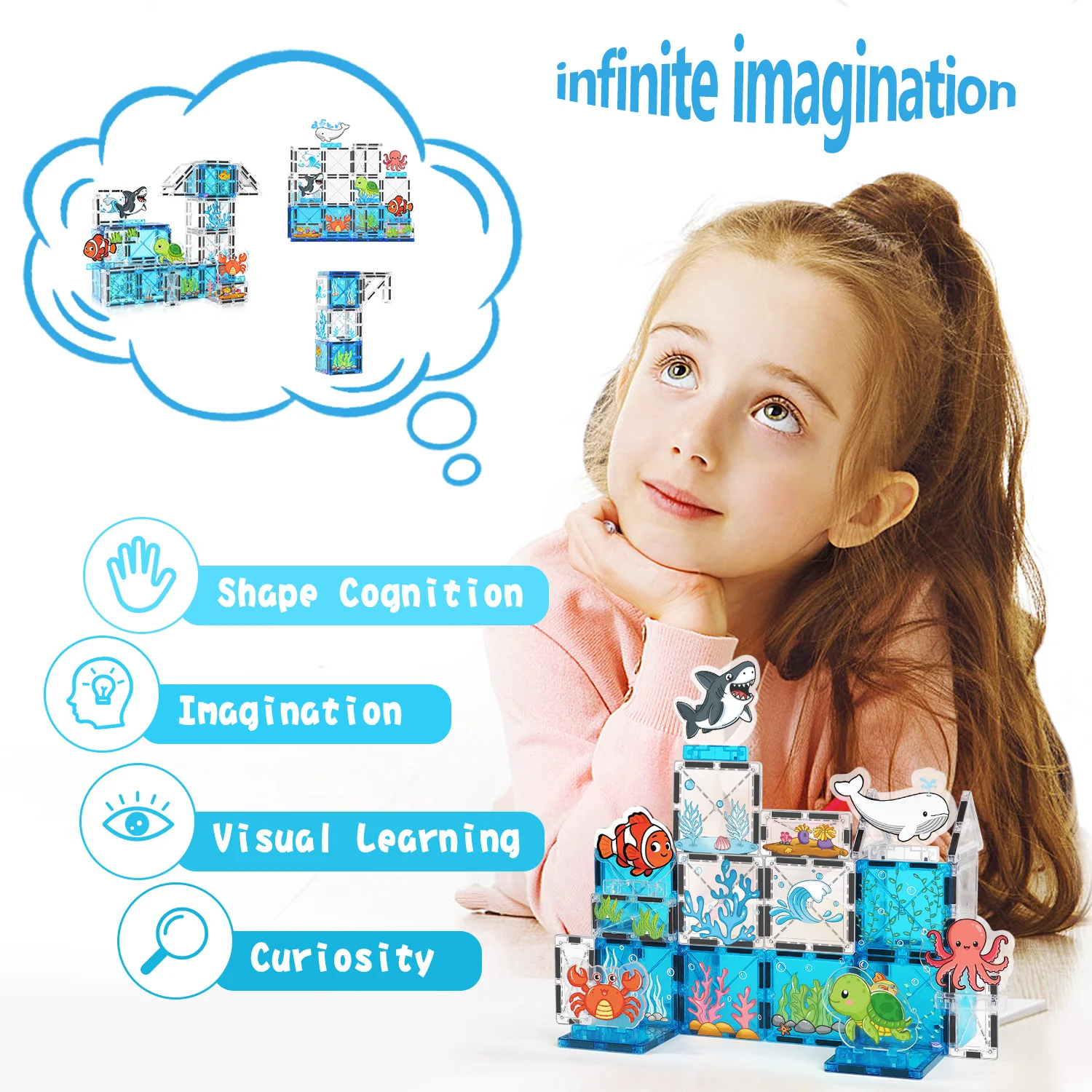 Magnetic building blocks for children, ocean animal scene, colorful geometric shapes, suitable for learning - Christmas gift