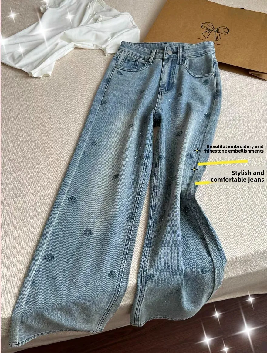 

Blue Embroidered Loose Wide Leg Jeans Women's Spring Summer New Style plus Size Slimming Fashion Thin Denim Pants