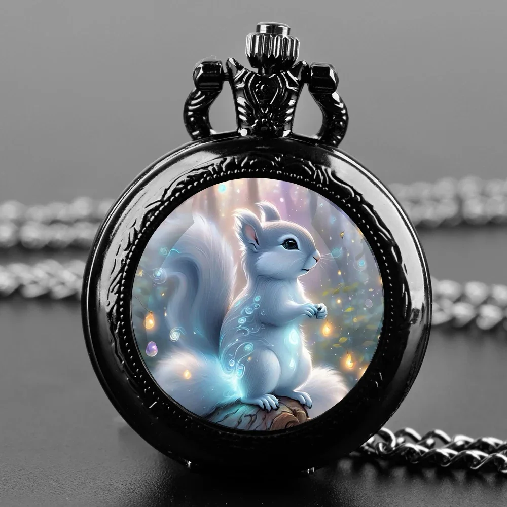 Little Squirrel Glass Dome Quartz Pocket Watch With Durable Chain Arabic Numeral Dial Creative Gifts for Men Women Kids