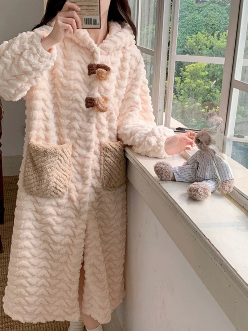 Popular Women Bear Korean-Style Pajamas Autumn Winter Coral Fleece Nightgown Adults Thickened Hooded Long Robe Nightgown Can Be 6