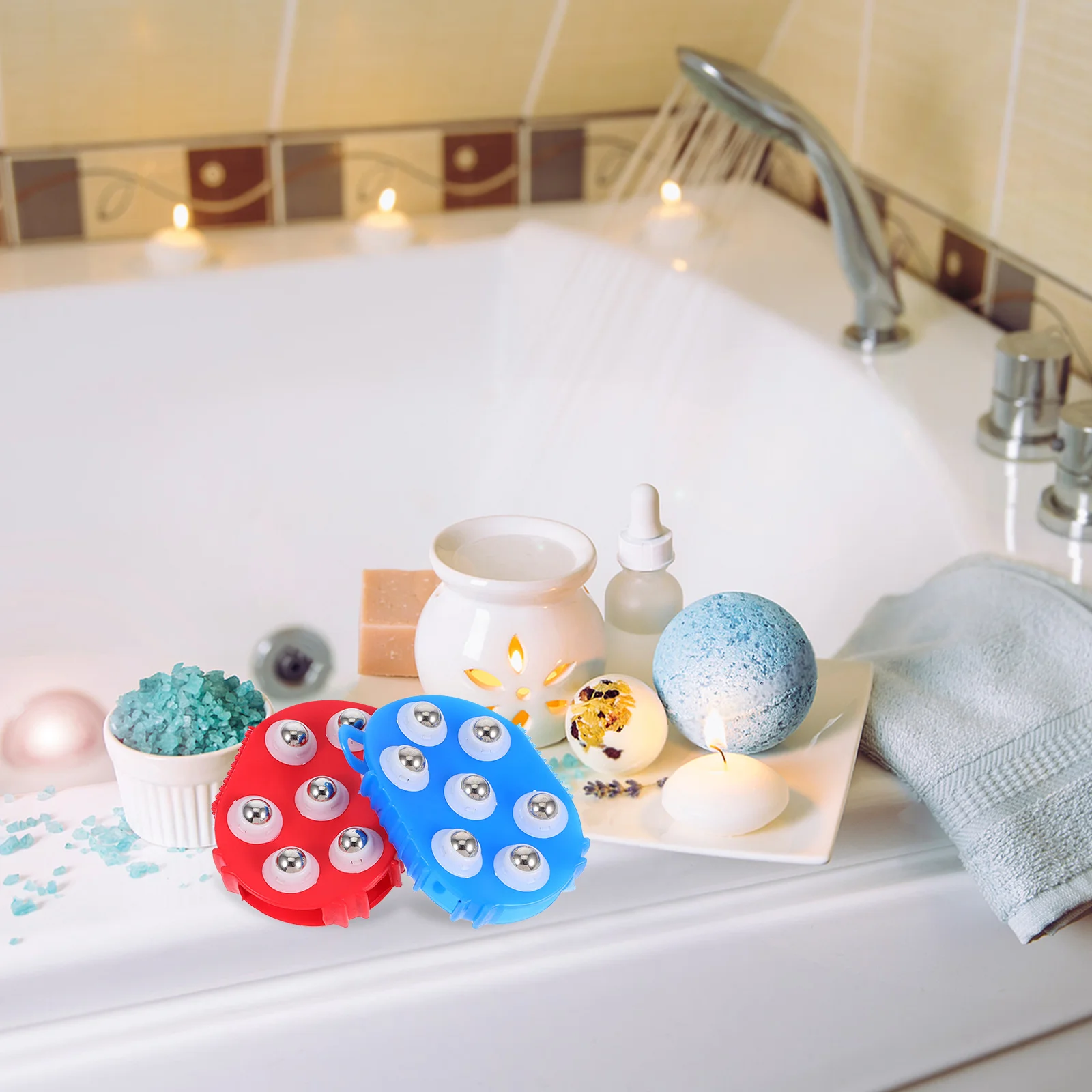 

2Pcs Manual Massager Set 4-Sided Brush Head for Shower Bath Portable Lightweight Muscle Relaxing Tool Manual Massager Set