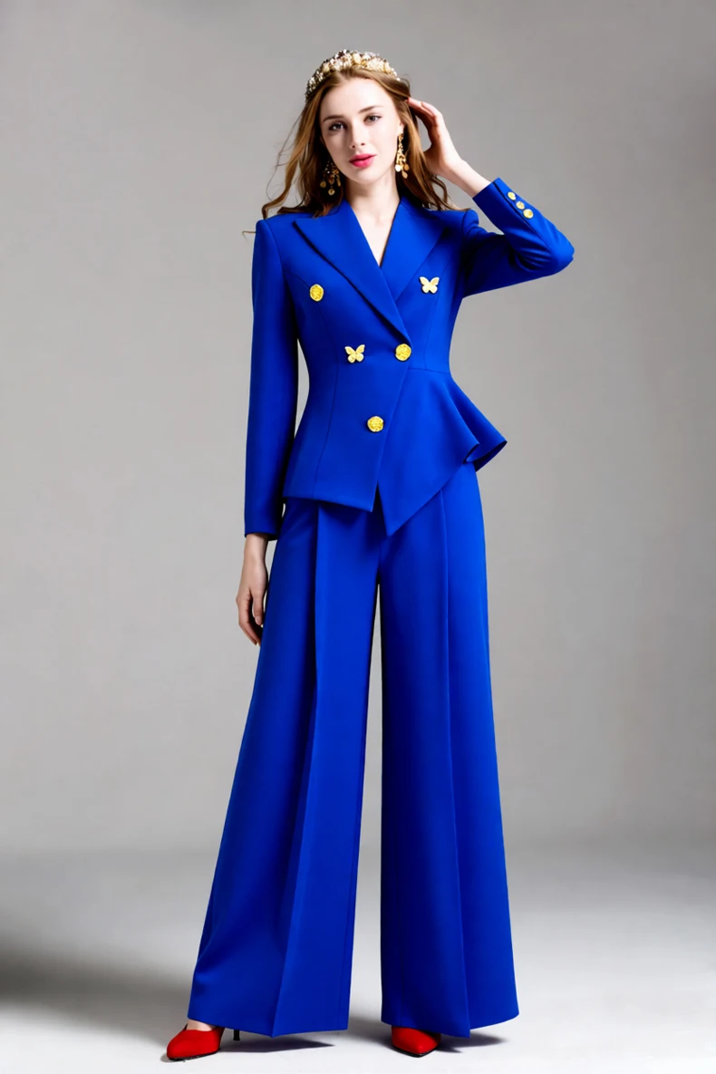 طقم نسائي بليزر بيبلوم باللون الأزرق الملكي بنطال ذو قصة أرجل واسعة وصدر مزدوج وزر ذهبي مزين بالفراشات مكون من قطعتين للمكتب #4