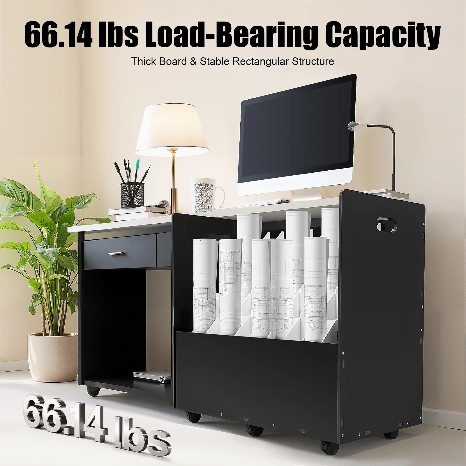 

50-slot Blueprint Organizer Roll File Storage Holder Movable Cart 5 Tiers Black PVC Rubber 6 Lockable Wheels