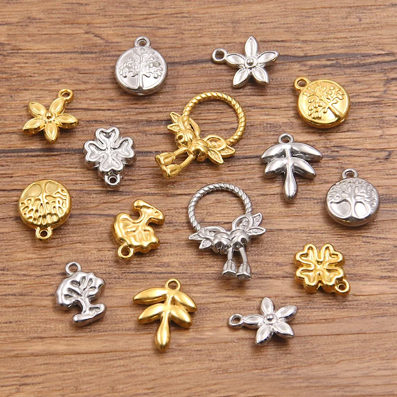 5Pcs 2 Color Mix Size 304 Stainless Steel Plant Pendant Tree Leaf Flower Garland Charm DIY Necklace For Jewelry Making