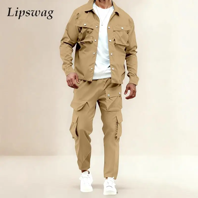 

Stylish Mens Cargo Sets Spring Autumn Casual Solid Color Jackets And Cargo Pants Two Pieces Suits Men Streetwear Outfits