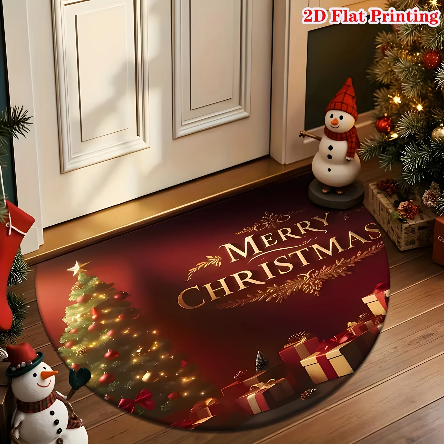 Red White Poinsettia Berry Pine Branch Watercolor Rug For Elegant Doorstep Decor Durable Indoor Floor Mat