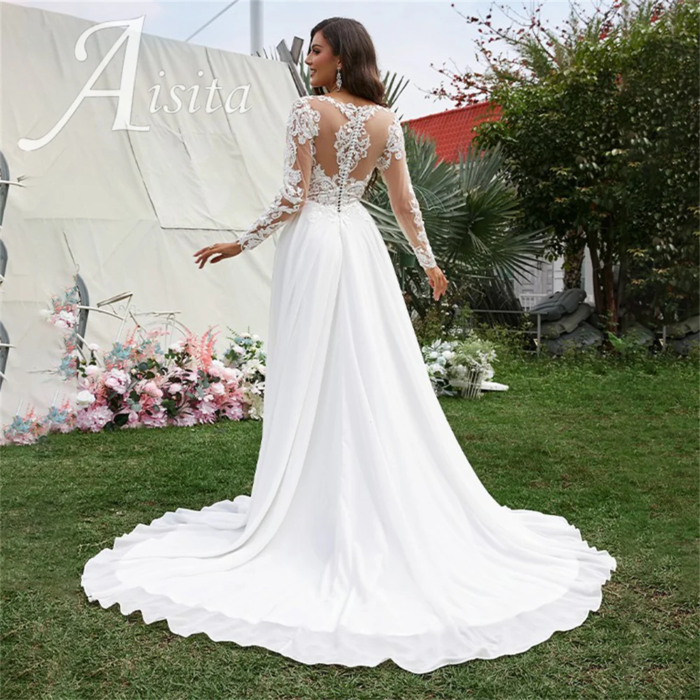 Princess A-line Bride Dresses V Neck Long Sleeves Sweep Train Chiffon Wedding Dresses For Woman Wedding Dress Vestidos De Novia