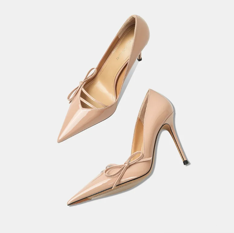 New Lacquer Leather Bow High Heels for Women's Fashion, Versatile, Pointed, Fine Heels, Commuting Single Shoes