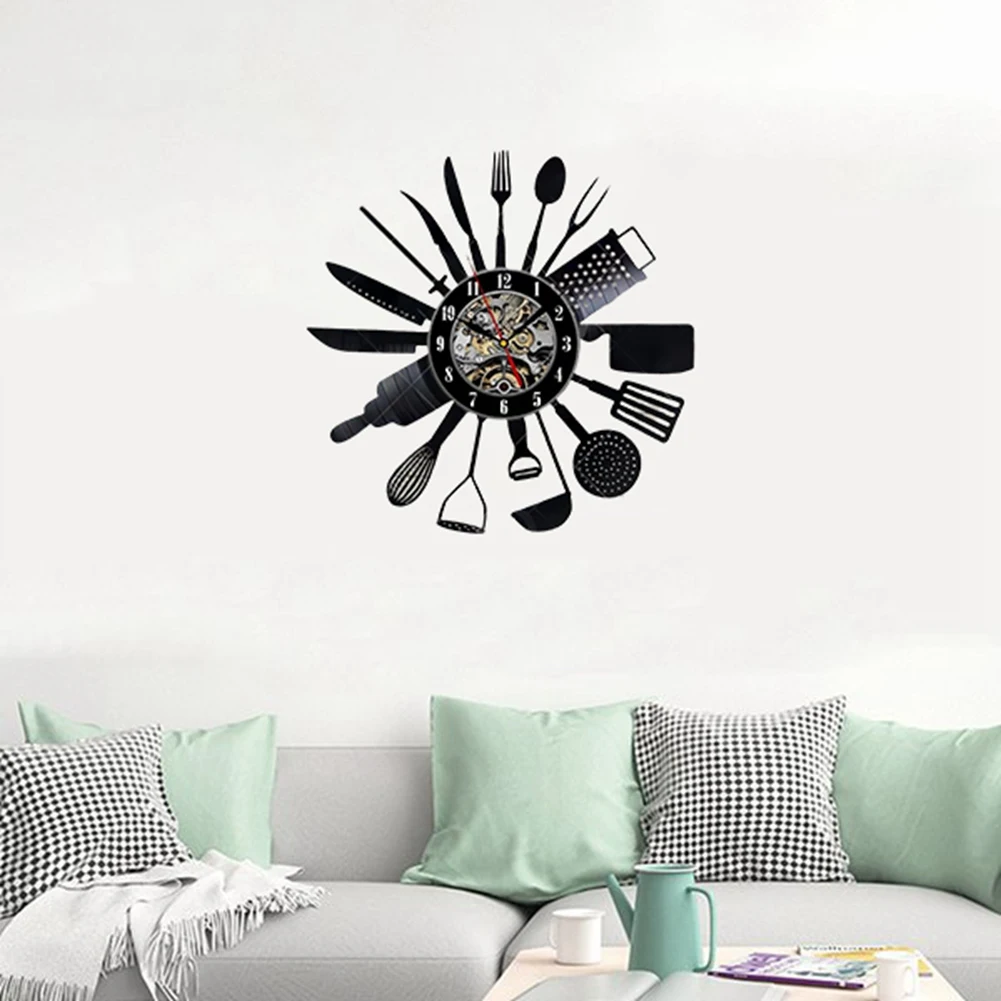 WSFS! Cutlery Vinyl Record Wall Clock Modern Design Spoon Fork Decorative Kitchen Vintage Vinyl Clock Wall Watch Home Decor