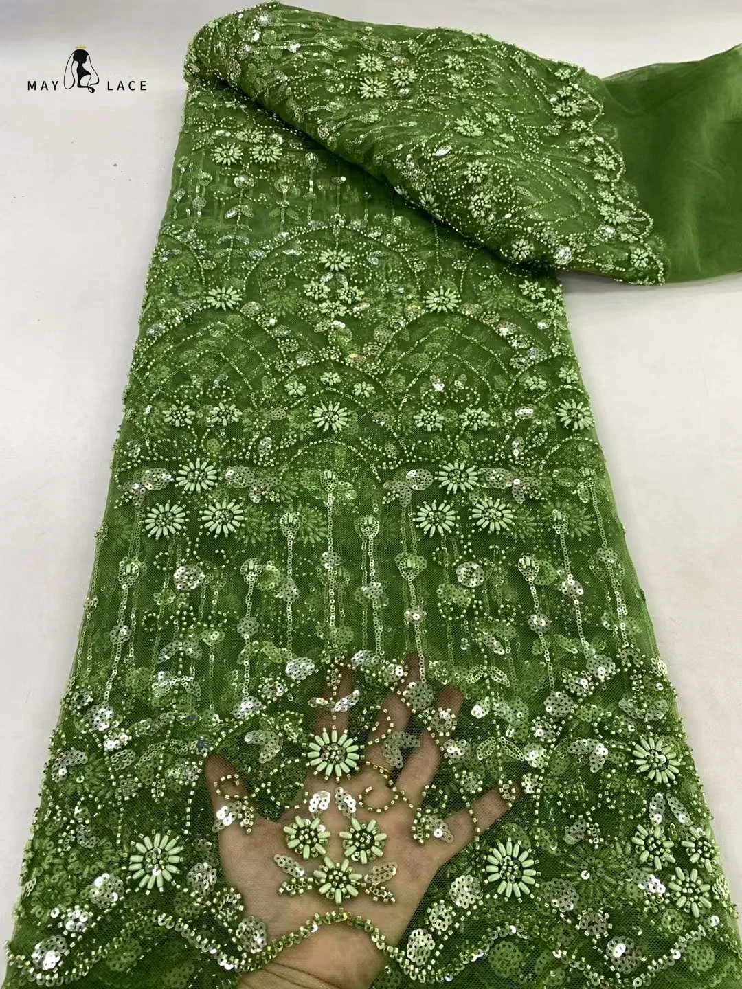 

Green Latest French Tulle Beaded Sequins Lace Fabric 5 Yards 2024 High Quality Nigerian African Lace Fabric For Wedding Party