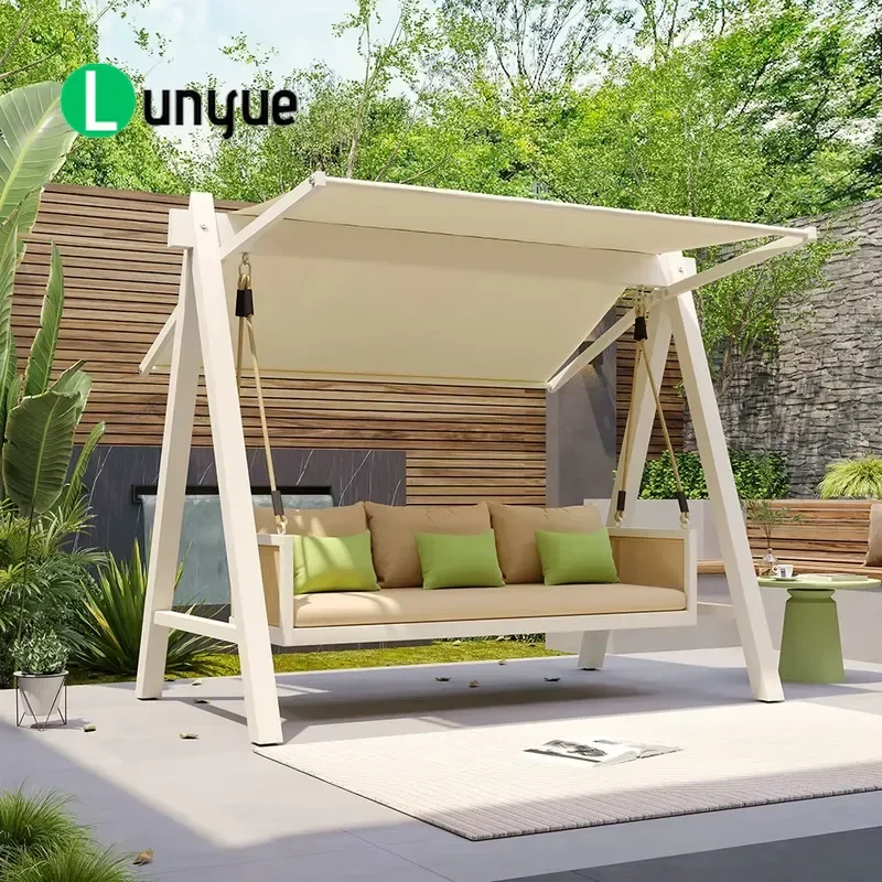Outdoor Aluminum Porch Swing for 2-3 People with Stand Canopy and Cushion Rust Proof All Weather Furniture for Courtyard