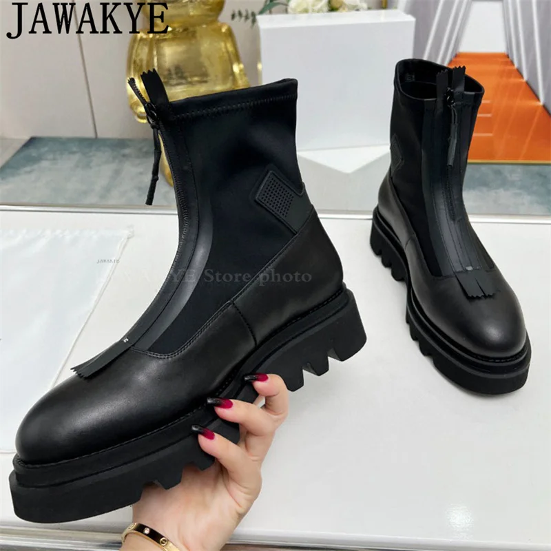 Front Zipper Design Round Toe Thick Bottom Punk Boots Women Real Leather Platform Ankle Boots Winter Fashion Motorcycle Boots