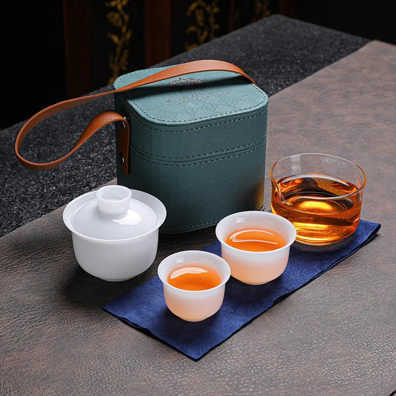 

High-end Ice Seed Travel Tea Set One Pot Two Cups Ceramic Quick Tea Cup Outdoor Tea Brewing Gaiwan Gift