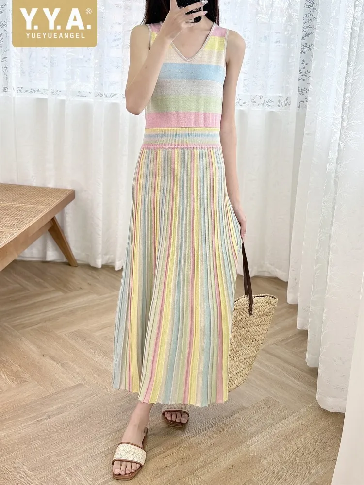 

Females Summer New Style Colorful Stripes V-Neck Knit Dresses Elegant Sleeveless Slim Fit Pullover Ankle Length Beach Sundress