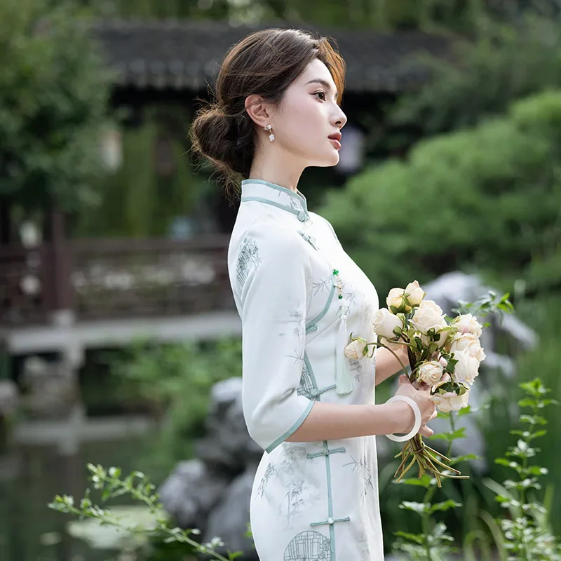 

Yourqipao Autumn Suede Embroidered Retro Cheongsam Long Slimming Traditional Chinese Style Evening Party Dress Qipao for Women
