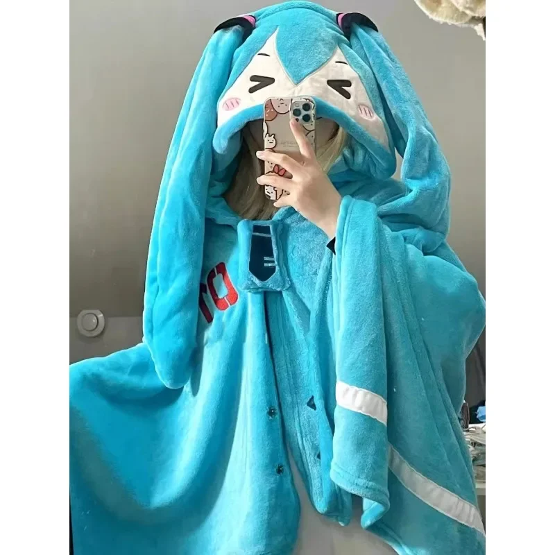 Hatsune Miku Cartoon Kawaii Multifunctional Car Warm Hooded Shawl Nap Blanket Air Conditioning Blanket Cute Soft Warm Cloak