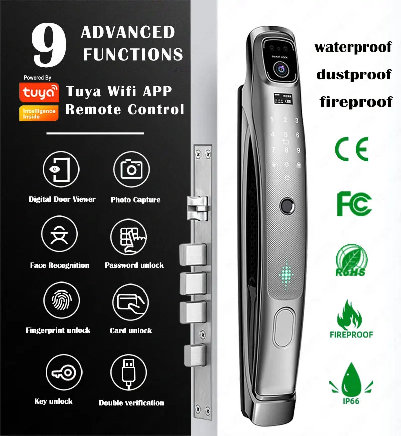 Tuya Wifi 3D Face Recognition Fingerprint Smart Digital Door Lock Video Intercom Built-in Doorbell Screen with Password Key Card