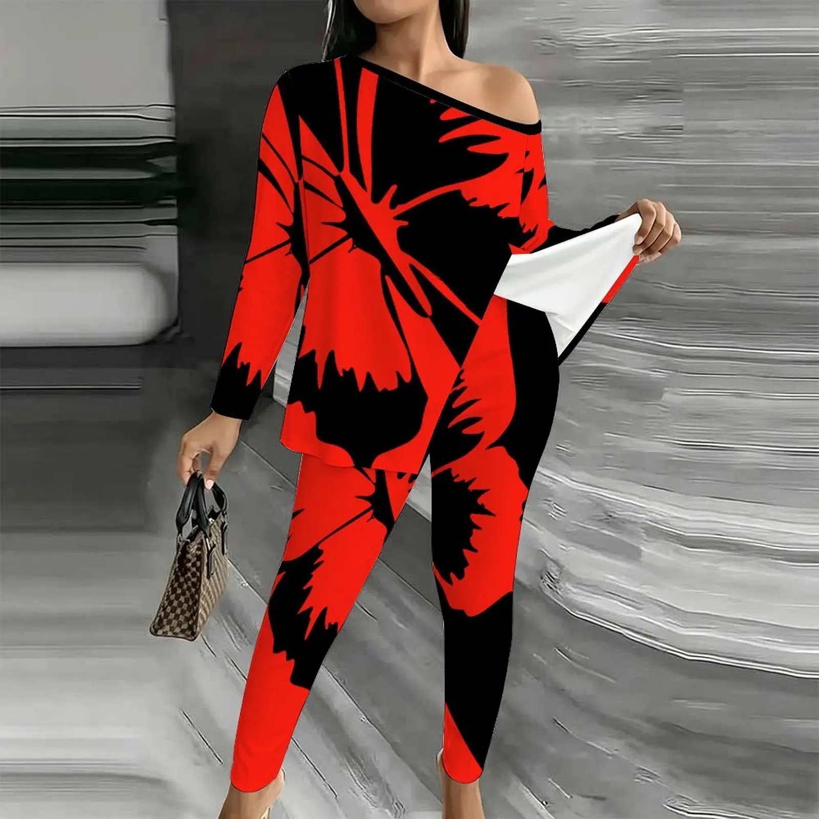 Autumn Off Shoulder T-shirt Winter Diagonal Collar Long Sleeved Elegant Two-piece Set Women's Fashion Printed Jogging Pants