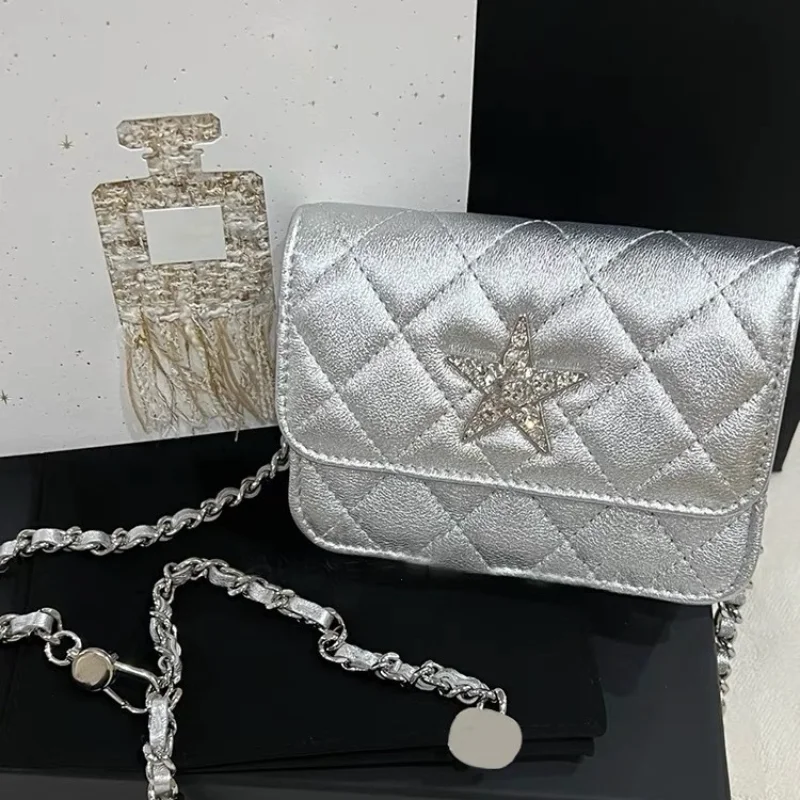 New Female Shoulder Bas Leisure Trend Small Crossbody Bag Silver with Diamond Stars Rhombic Lattice Chain Bag Fashion Square Bag