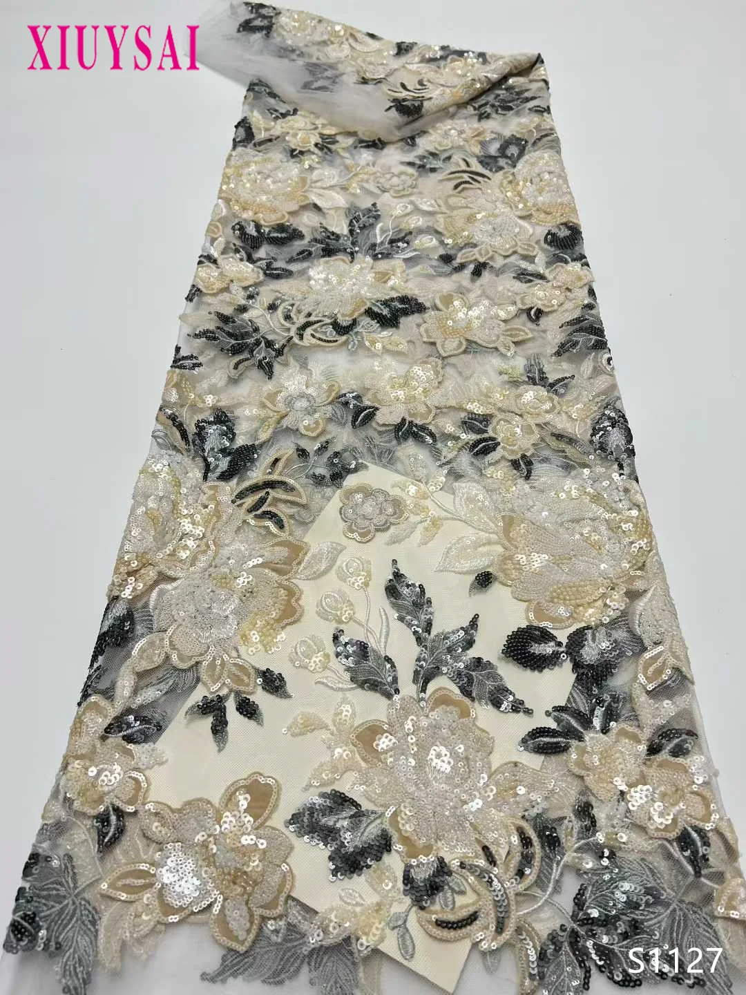 

African Mesh Lace Sequins Fabric 2025 Nigerian Tulle Embroidered French Net Material for Women's Wedding Dresses