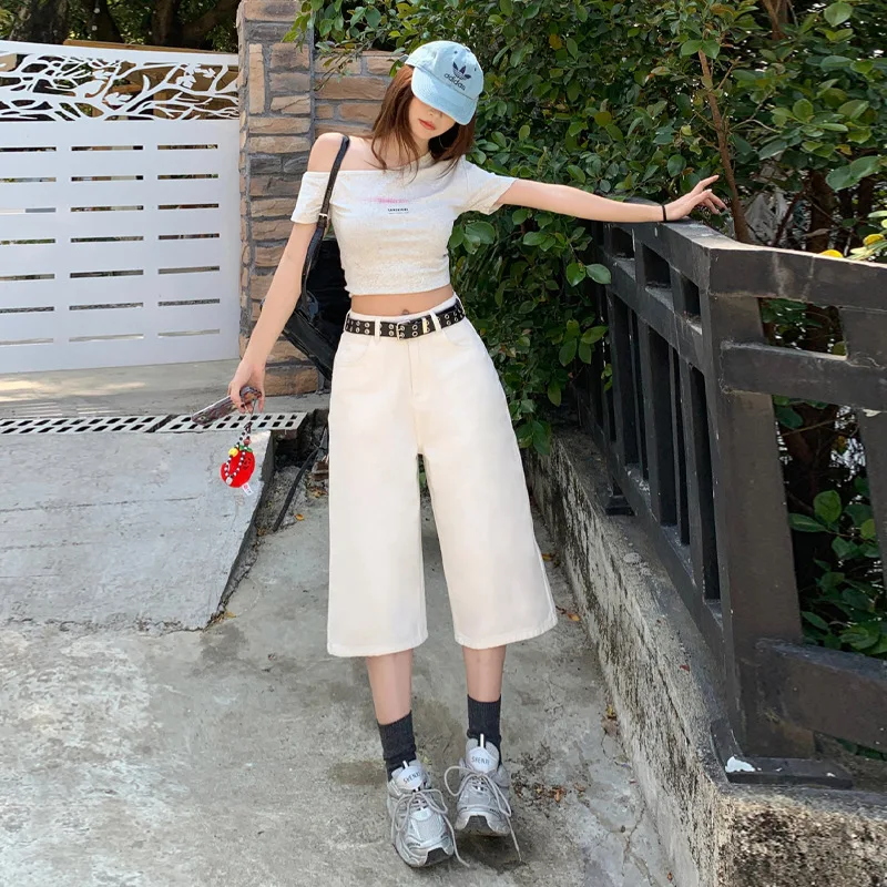 American Retro High Waist Loose Wide-leg Pants Spring and Summer Straight Cropped Jeans Women's Shorts.