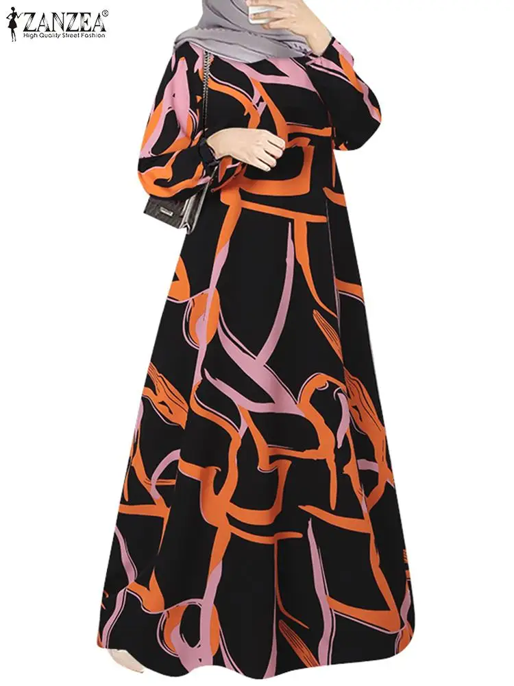 ZANZEA-Robe Maxi à Manches sulfpour Femme, Imprimé Floral, Abaya Musulmane, Style Bohème, Vêtement Islamique