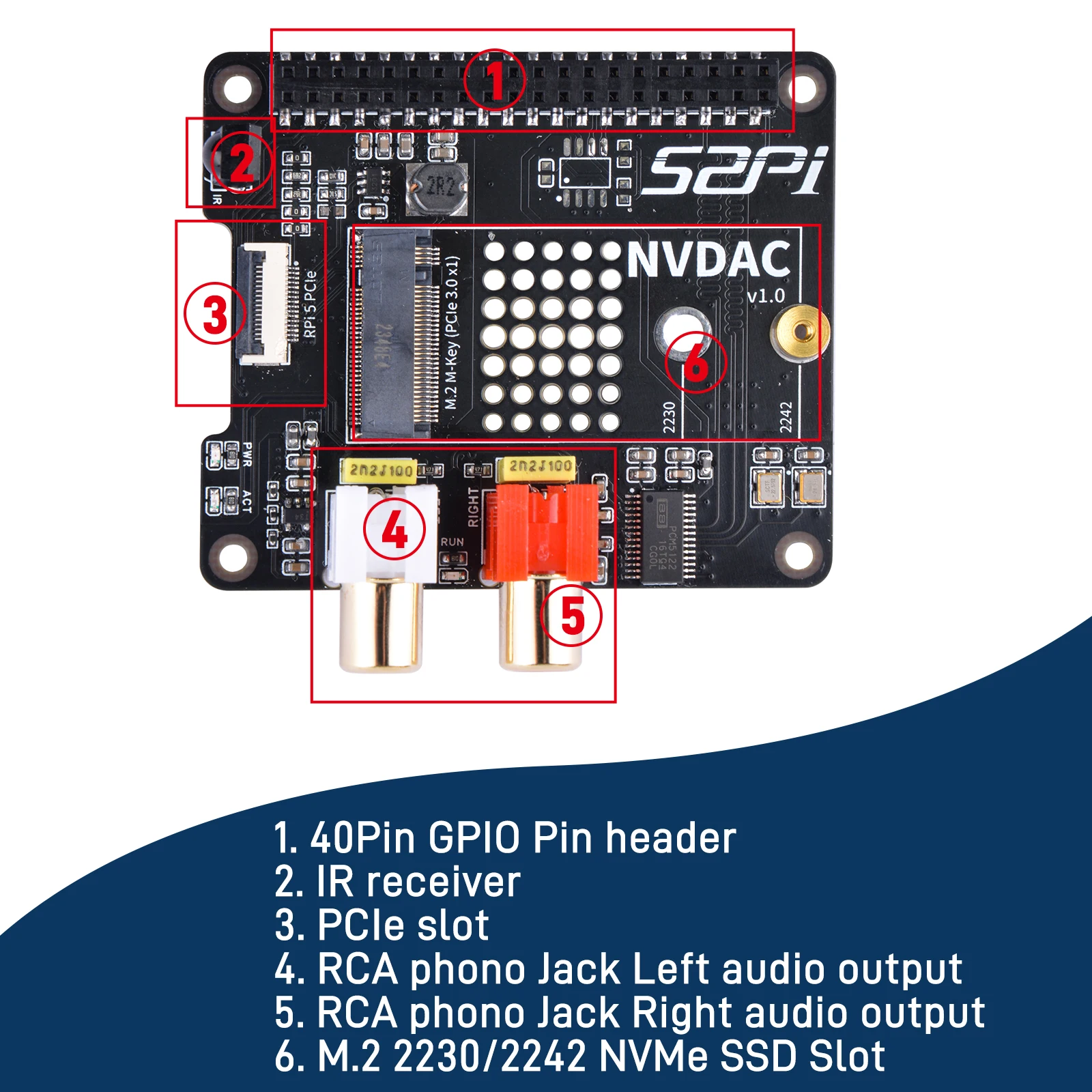 Imagem -03 - Raspberry pi Placa Adaptador de Expansão Nvdac Suporte Hifi Dac Ssds Nvme 2230 2242 52pi