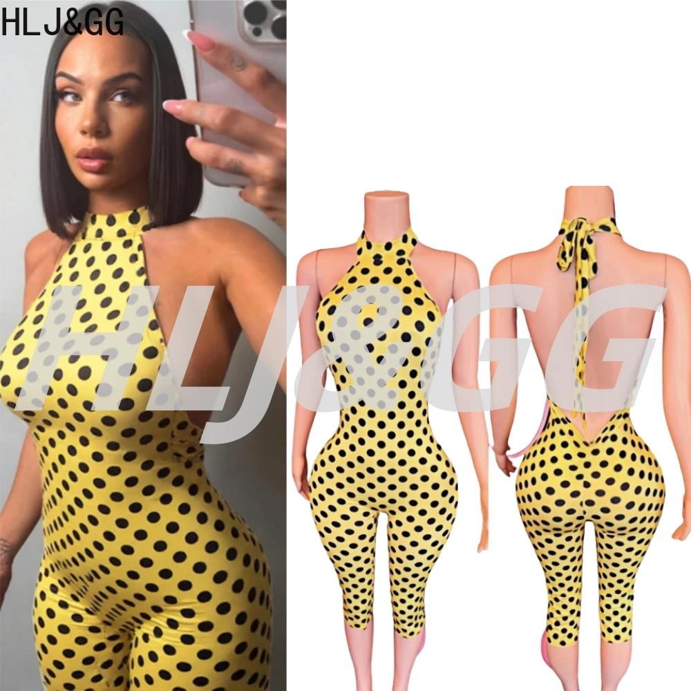 

HLJ&GG Fashion Dot Printing Halter Backless One Piece Rompers Women Sleeveless Bodycon Jumpsuits Sexy Leopard Clubwear Overalls