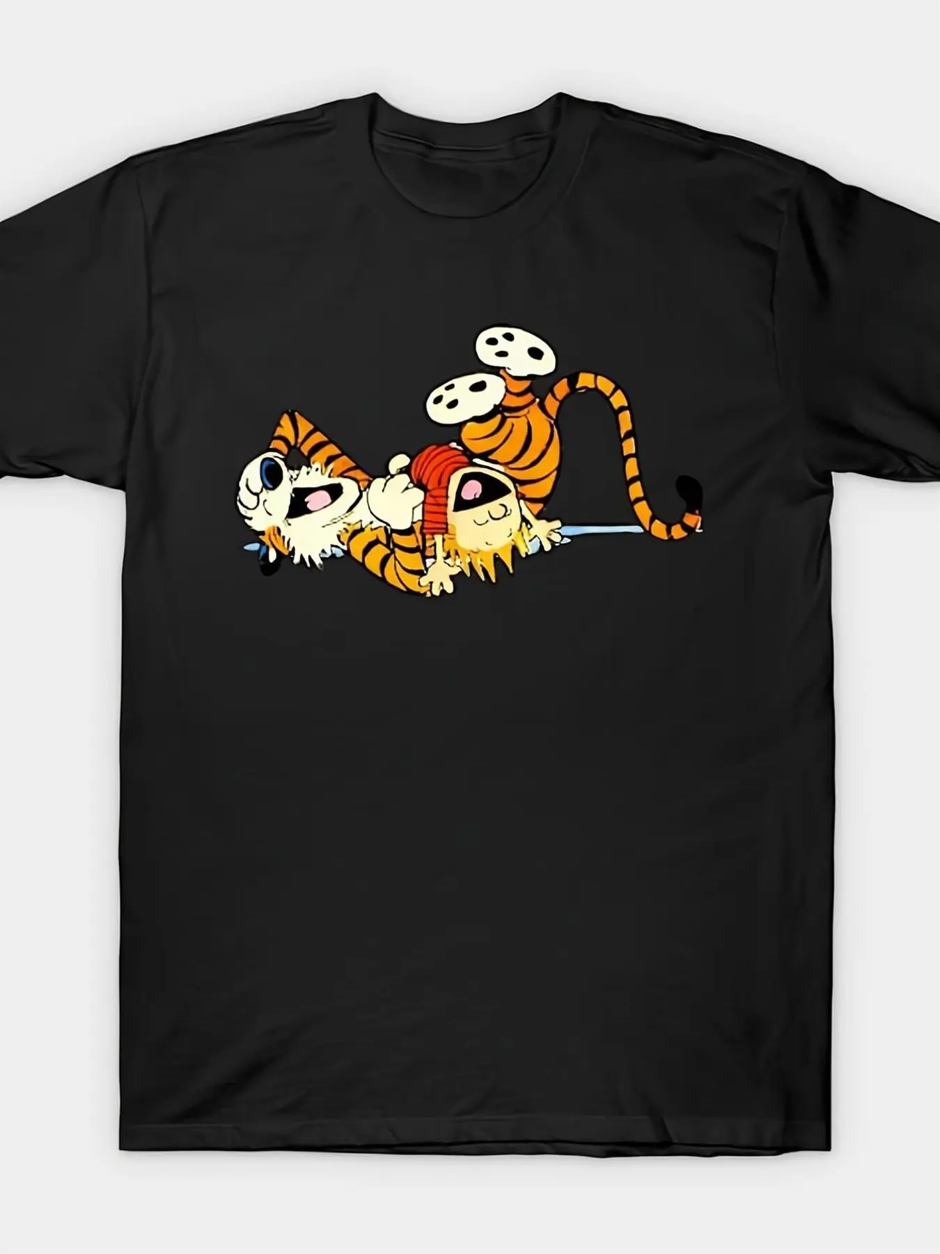 Men's Plus Size Black Cartoon Tiger T-Shirt - Featuring Playful Character with Messy Blonde Hair in Red Bandana Lying on Fun Striped Orange and Black Tiger - Whimsical Art Style Perfect for Casual Outings