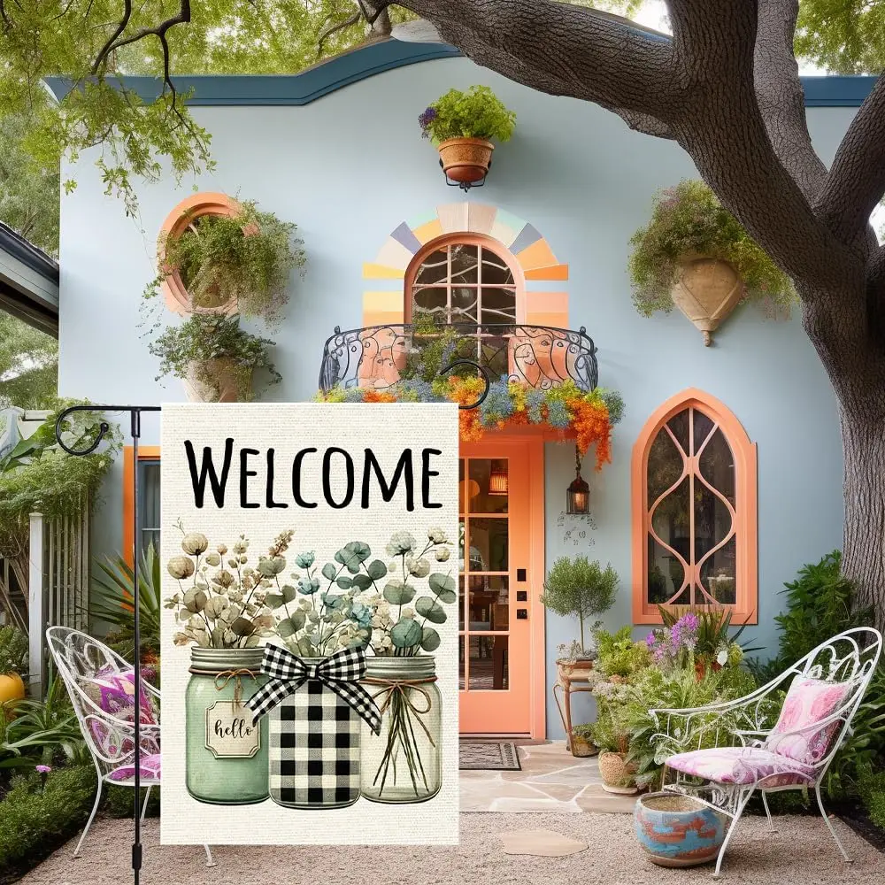 Welcome Spring Garden Flag 12x18 Inch Double Sided Burlap Buffalo Plaid Mason Jar Colorful Floral Small Flowers Butterfly Se EEZ